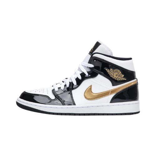 Air Jordan 1 Mid Patent Black White Gold