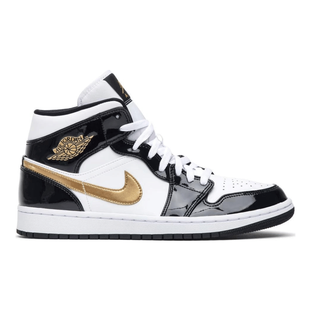 Air Jordan 1 Mid Patent Black White Gold foto 1